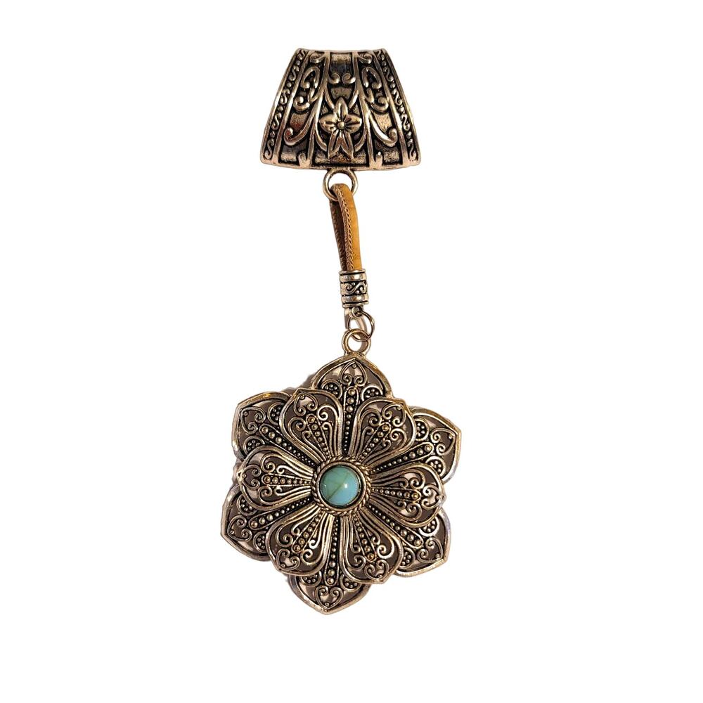 NEW silvertone Black Aged Filigree Metal Scarf Purse Slide Cork Rope FLOWER